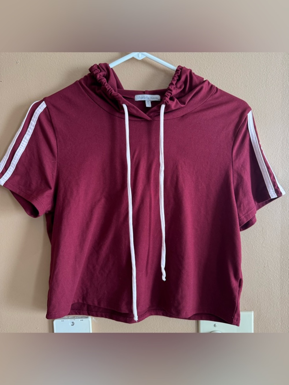 Charlotte Russe Wine Short Sleeve Hoodie with White Drawstrings, Size M.